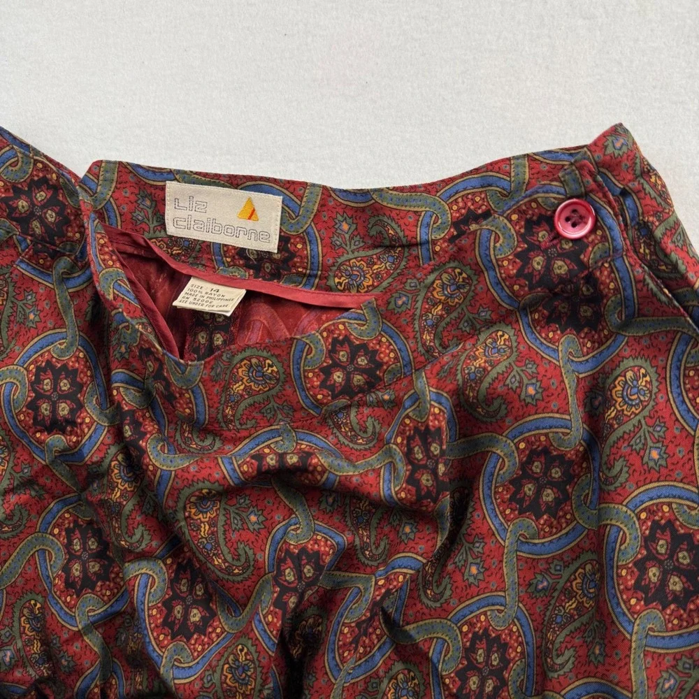 Liz Claiborne Vintage Red Paisley Rayon Midi Skirt Womens 14 A-Line‎ Boho Retro